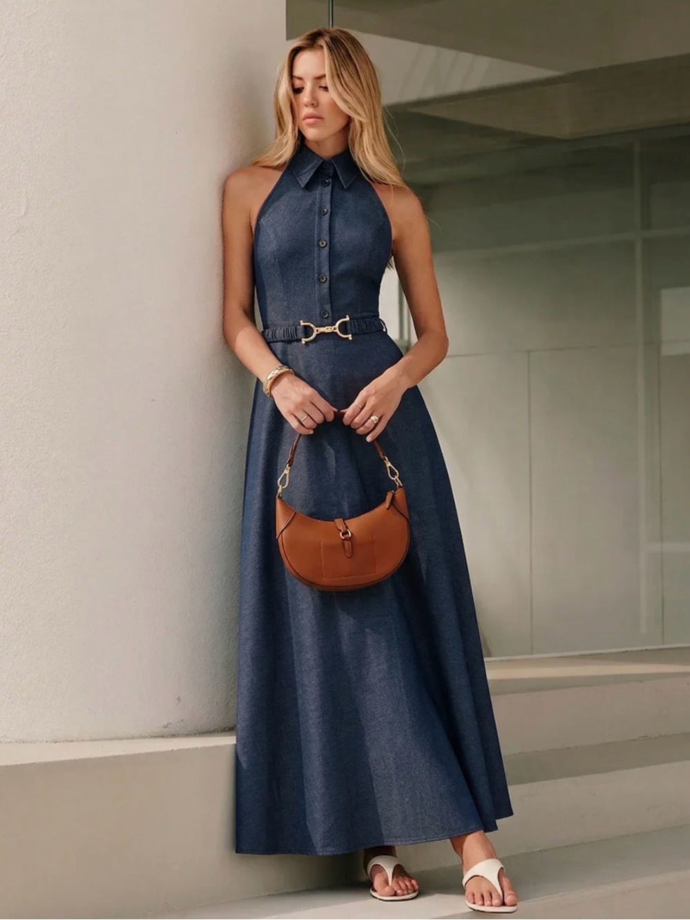 Commense Blue Halter Belted Collared Denim Maxi Dress Large NWT